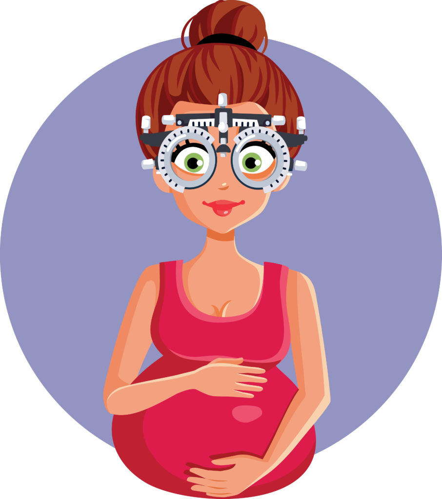 Cartoon illustration showing pregnant women touching belly and undergoing eye exam